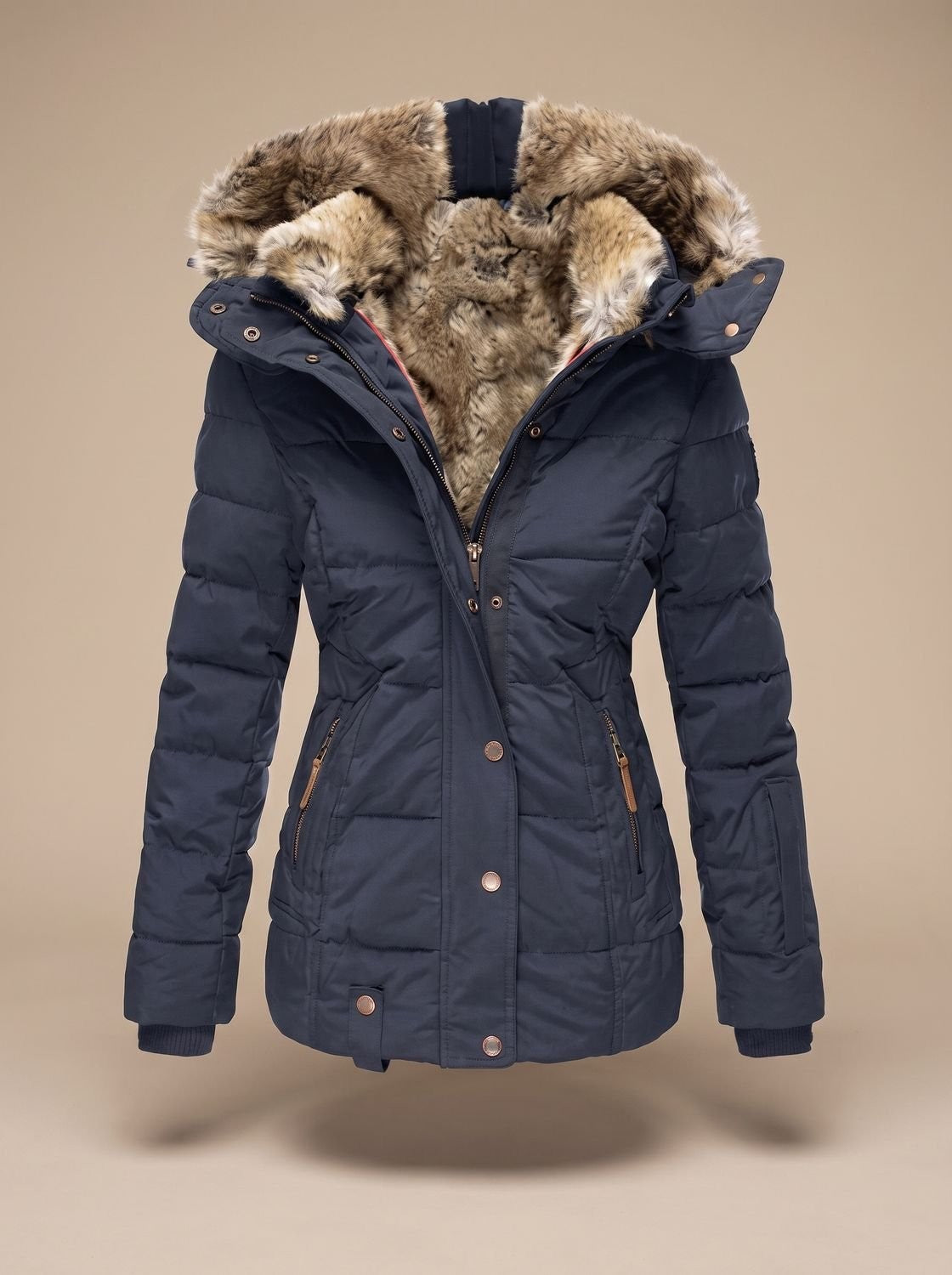 Lange Damen-Steppjacke mit Kunstfellkapuze und Reißverschlusstaschen für den Winter, Ansicht 8