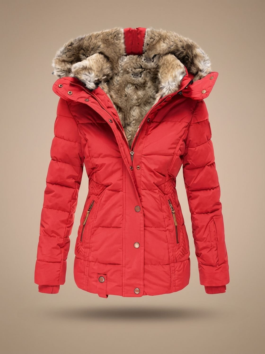 Lange Damen-Steppjacke mit Kunstfellkapuze und Reißverschlusstaschen für den Winter, Ansicht 9