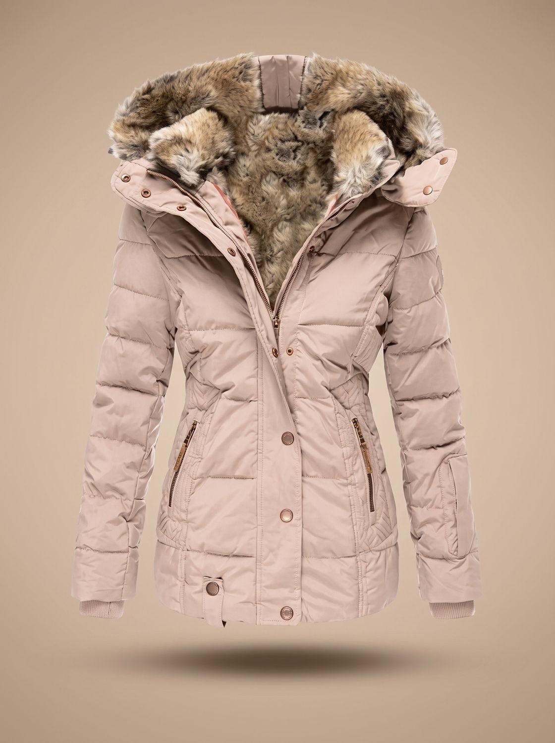 Lange Damen-Steppjacke mit Kunstfellkapuze und Reißverschlusstaschen für den Winter, Ansicht 10