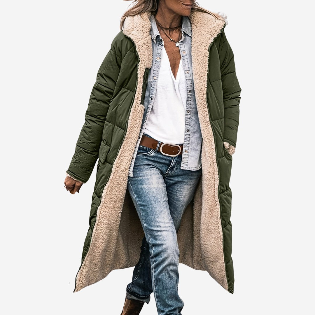 Lange Damen-Steppjacke mit Teddyfutter, Kapuze und tiefen Taschen für den Winter, Ansicht 6