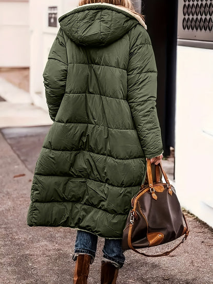 Lange Damen-Steppjacke mit Teddyfutter, Kapuze und tiefen Taschen für den Winter, Ansicht 7
