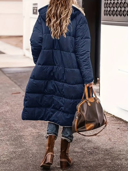 Lange Damen-Steppjacke mit Teddyfutter, Kapuze und tiefen Taschen für den Winter, Ansicht 9