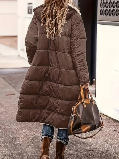 Lange Damen-Steppjacke mit Teddyfutter, Kapuze und tiefen Taschen für den Winter, Ansicht 10