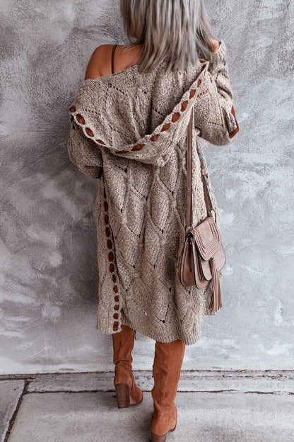 Lange Damen-Strickjacke aus Grobstrick mit Kapuze und Ellenbogen-Patches, Ansicht 8