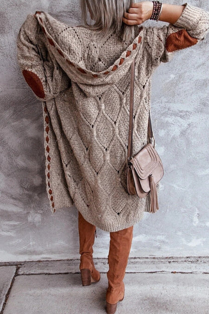 Lange Damen-Strickjacke aus Grobstrick mit Kapuze und Ellenbogen-Patches, Ansicht 9