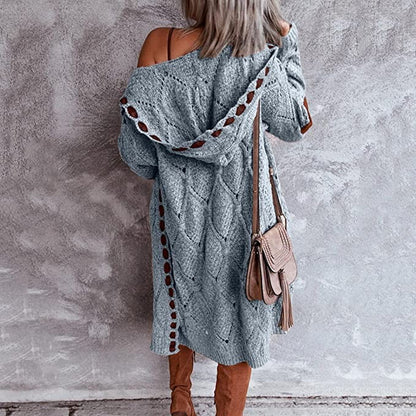Lange Damen-Strickjacke aus Grobstrick mit Kapuze und Ellenbogen-Patches, Ansicht 10
