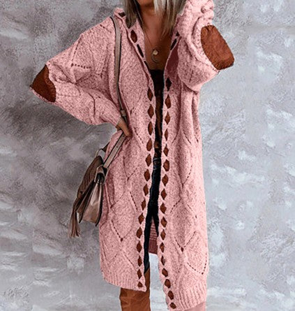 Lange Damen-Strickjacke aus Grobstrick mit Kapuze und Ellenbogen-Patches, Ansicht 11