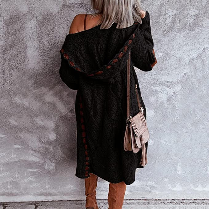 Lange Damen-Strickjacke aus Grobstrick mit Kapuze und Ellenbogen-Patches, Ansicht 13
