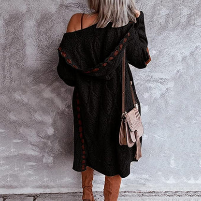 Lange Damen-Strickjacke aus Grobstrick mit Kapuze und Ellenbogen-Patches, Ansicht 13