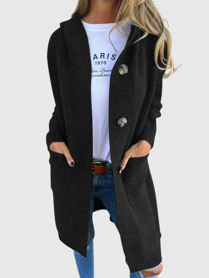 Lange Damen-Strickjacke mit Kapuze, Knopfleiste und tiefen Fronttaschen in Schwarz