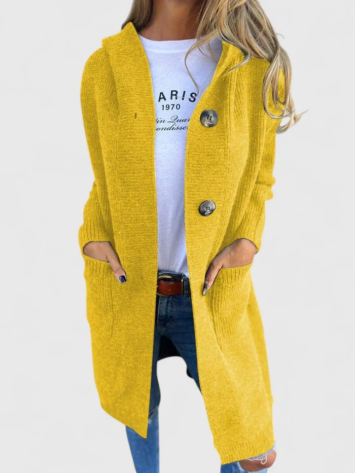 Lange Damen-Strickjacke mit Kapuze, Knopfleiste und tiefen Fronttaschen in Gelb