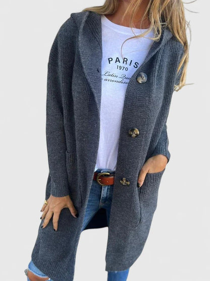 Lange Damen-Strickjacke mit Kapuze, Knopfleiste und tiefen Fronttaschen, Ansicht 5
