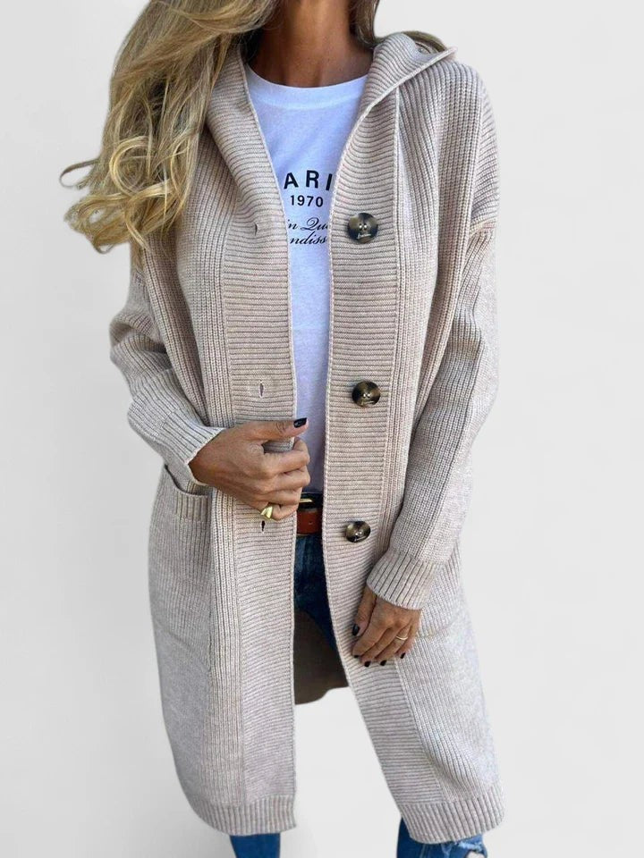 Lange Damen-Strickjacke mit Kapuze, Knopfleiste und tiefen Fronttaschen, Ansicht 6