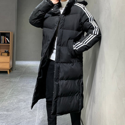 Lange Herren-Steppjacke mit fester Kapuze, Kontraststreifen und Vordertaschen für den Winter, Ansicht 4
