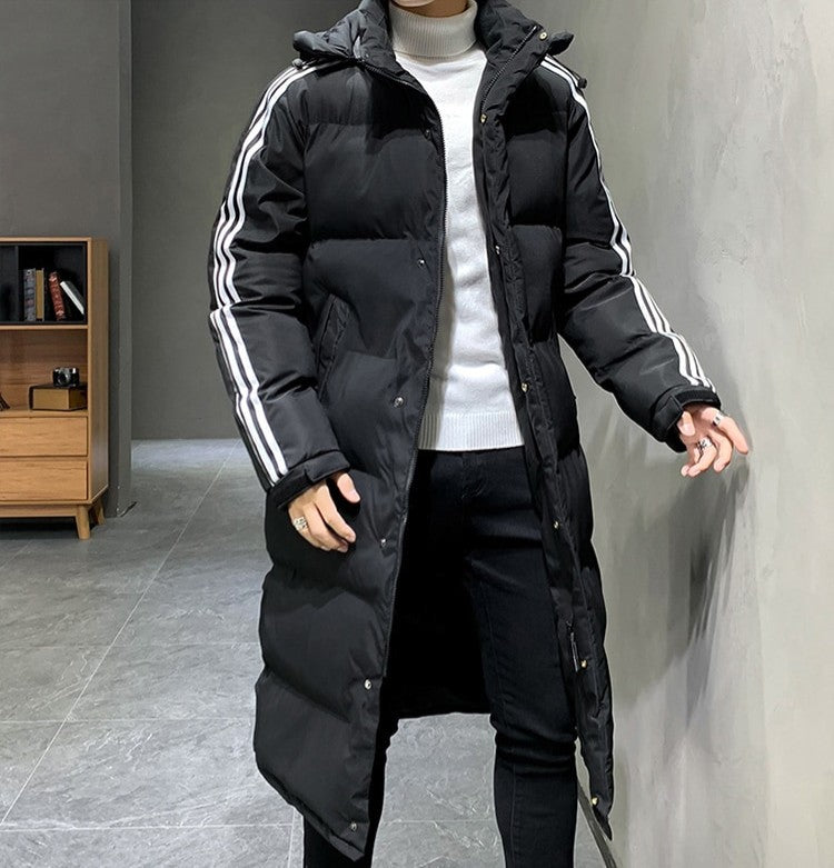 Lange Herren-Steppjacke mit fester Kapuze, Kontraststreifen und Vordertaschen für den Winter, Ansicht 5