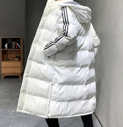 Lange Herren-Steppjacke mit fester Kapuze, Kontraststreifen und Vordertaschen für den Winter, Ansicht 7