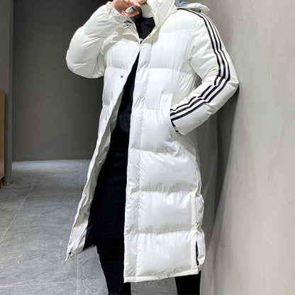 Lange Herren-Steppjacke mit fester Kapuze, Kontraststreifen und Vordertaschen für den Winter, Ansicht 8