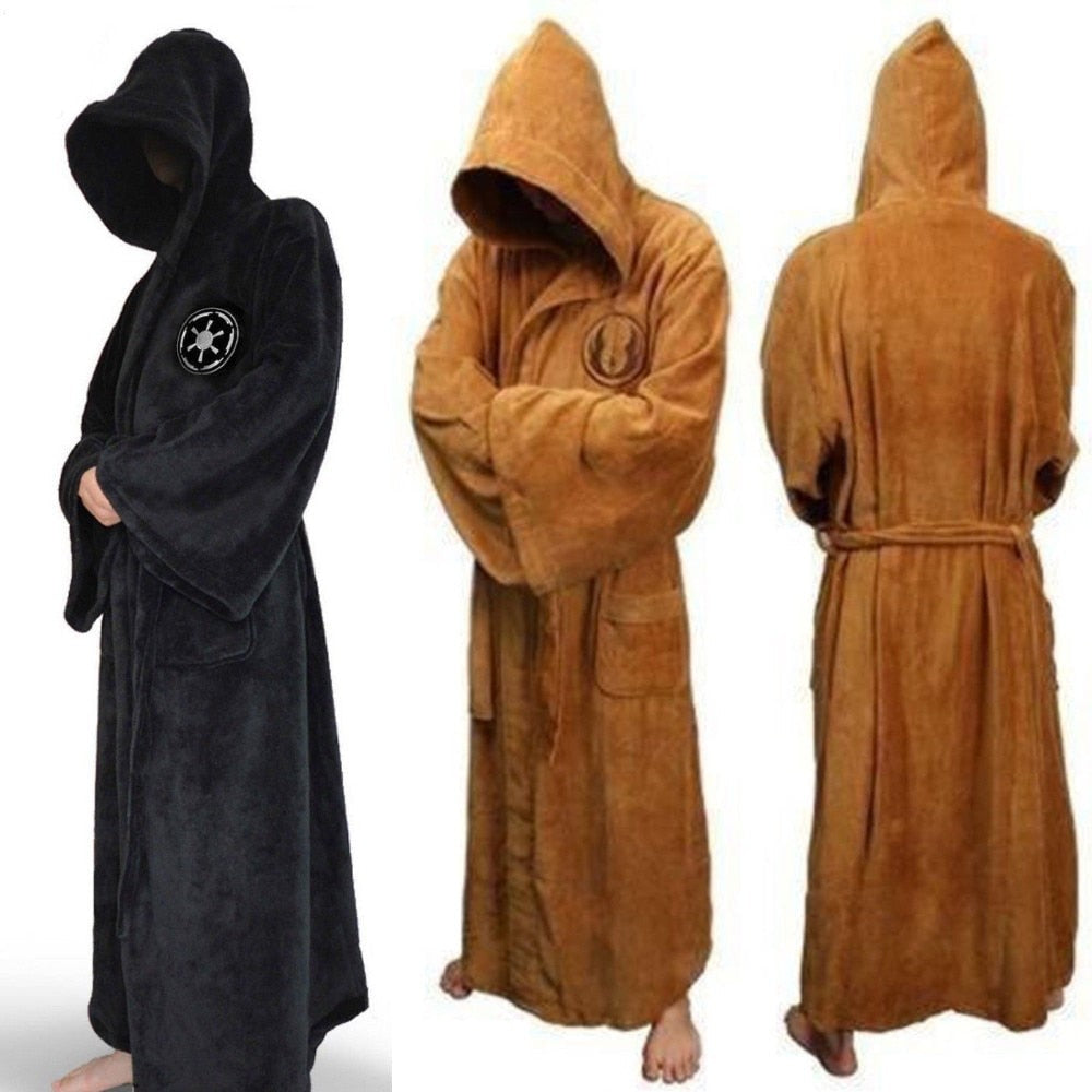 Langer Bademantel für Herren aus Flanell mit Kapuze, Gürtel und weiten Ärmeln, Ansicht 3