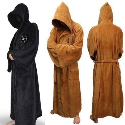 Langer Bademantel für Herren aus Flanell mit Kapuze, Gürtel und weiten Ärmeln, Ansicht 3