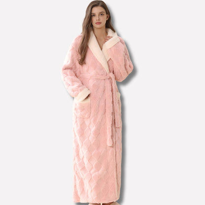 Langer Damen-Bademantel aus Flanell und Korallenfleece mit Kapuze und Bindegürtel, Ansicht 3