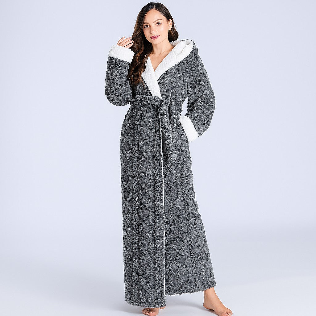 Langer Damen-Bademantel aus Flanell und Korallenfleece mit Kapuze und Bindegürtel in Grau