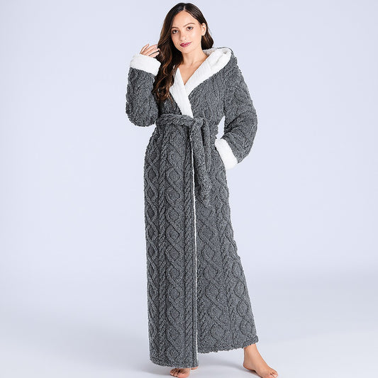 Langer Damen-Bademantel aus Flanell und Korallenfleece mit Kapuze und Bindegürtel in Grau