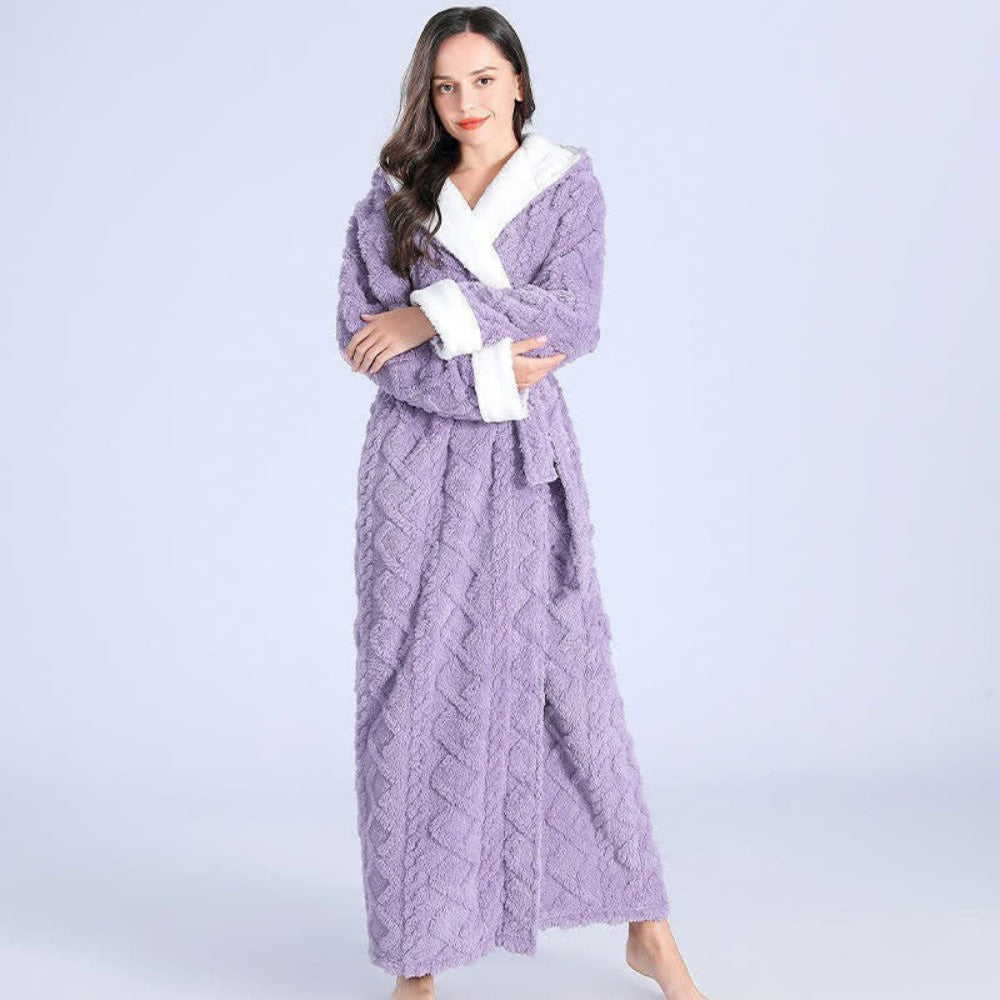Langer Damen-Bademantel aus Flanell und Korallenfleece mit Kapuze und Bindegürtel in Lila