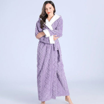 Langer Damen-Bademantel aus Flanell und Korallenfleece mit Kapuze und Bindegürtel in Lila