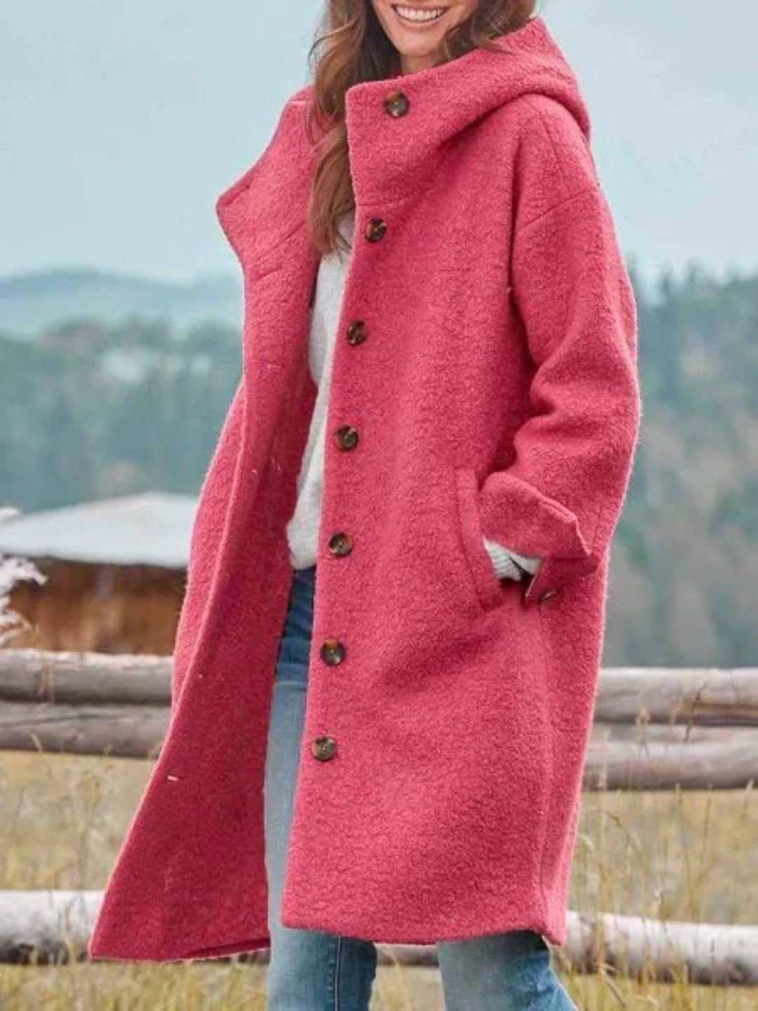 Langer Damen-Mantel in Strukturoptik mit Kapuze, Knopfleiste und Seitentaschen in Rosa