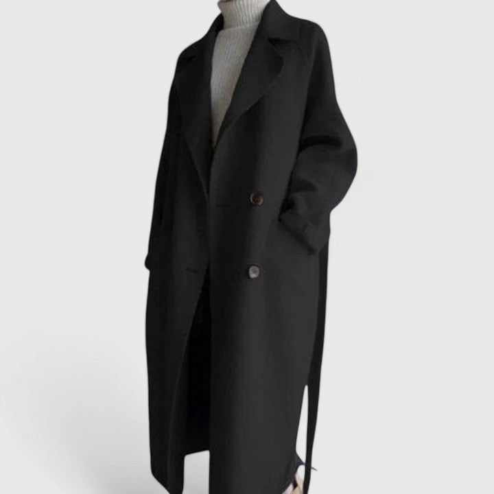 Langer Damen-Mantel mit Reverskragen, Bindegürtel und geräumigem Schnitt für Lagenlooks in Schwarz