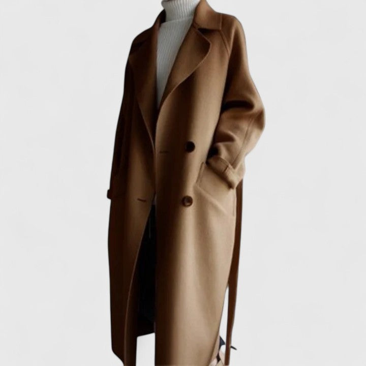 Langer Damen-Mantel mit Reverskragen, Bindegürtel und geräumigem Schnitt für Lagenlooks in Braun