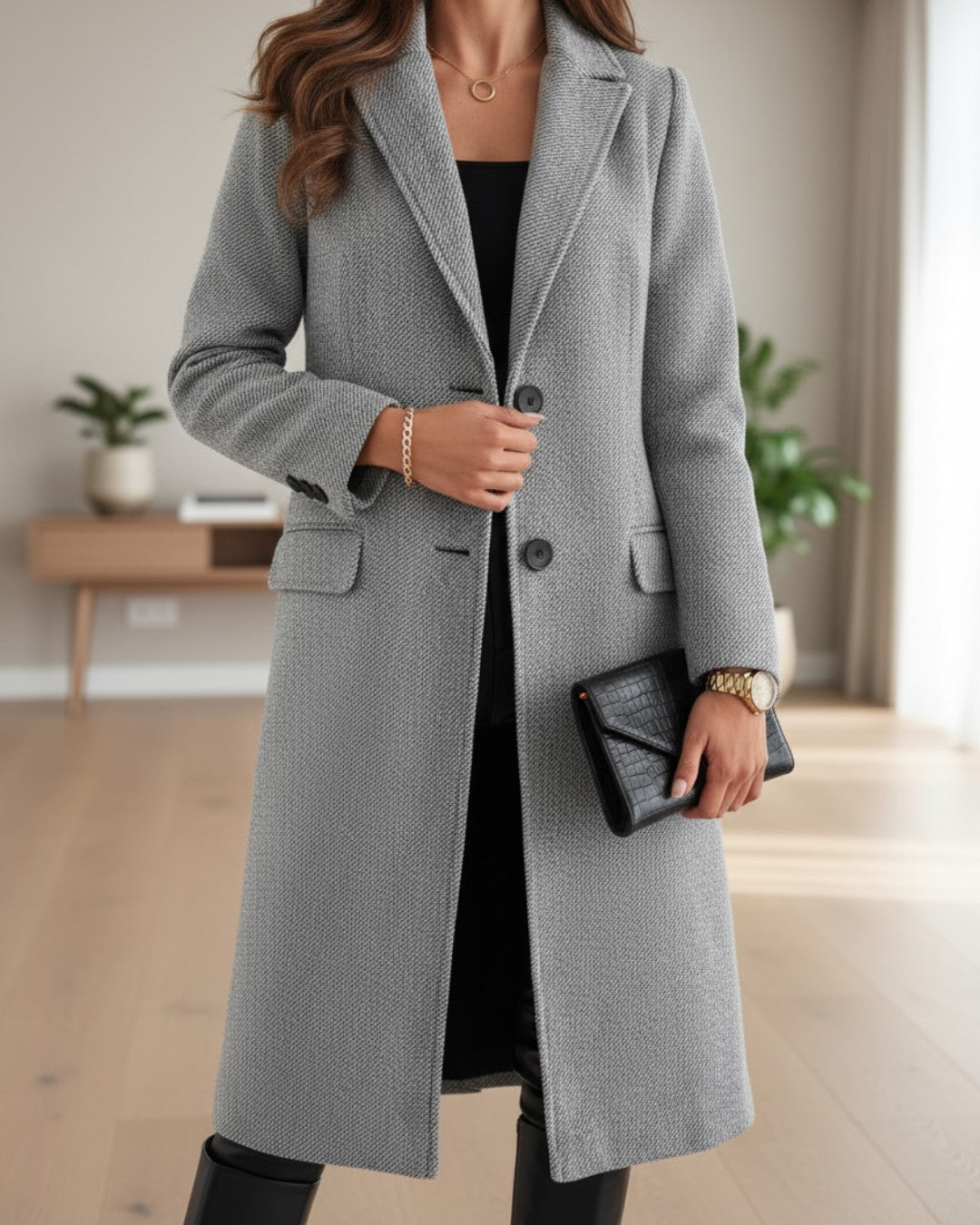 Langer Damen-Mantel mit Reverskragen, Pattentaschen und Zweiknopfverschluss für den Winter in Grau