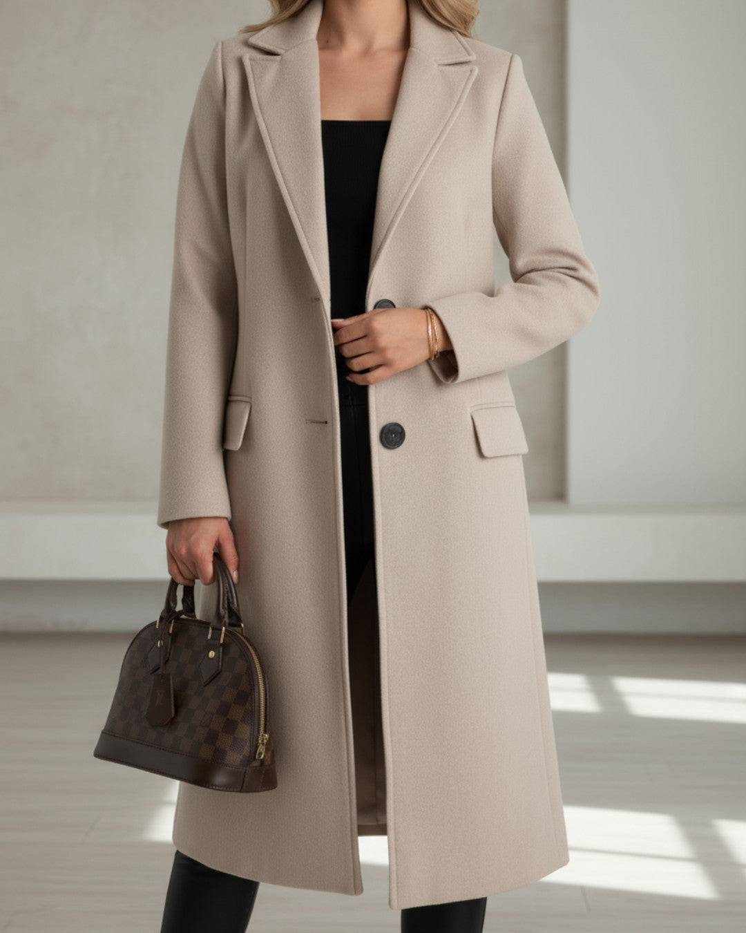 Langer Damen-Mantel mit Reverskragen, Pattentaschen und Zweiknopfverschluss für den Winter in Beige