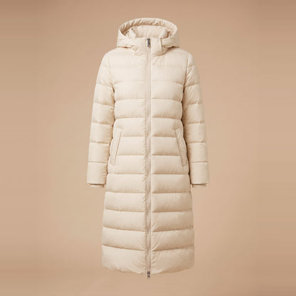 Langer Damen-Steppmantel mit Kapuze in Creme, Vorderansicht