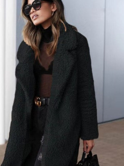 Langer Damen-Teddymantel mit Reverskragen für Herbst und Winter in Schwarz