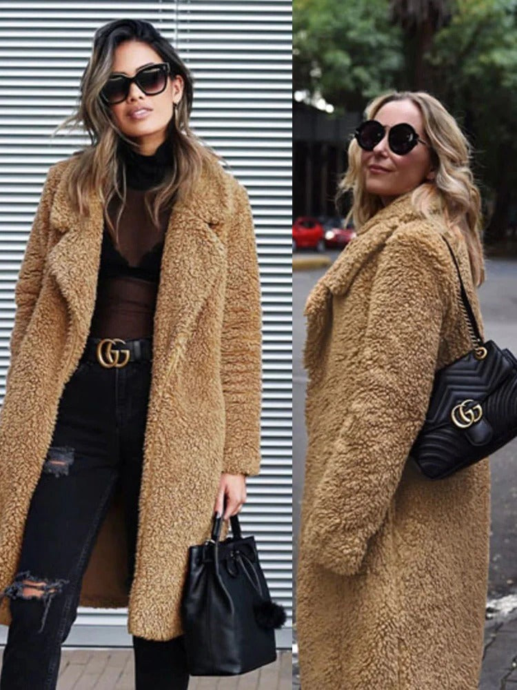Langer Damen-Teddymantel mit Reverskragen für Herbst und Winter, Ansicht 11