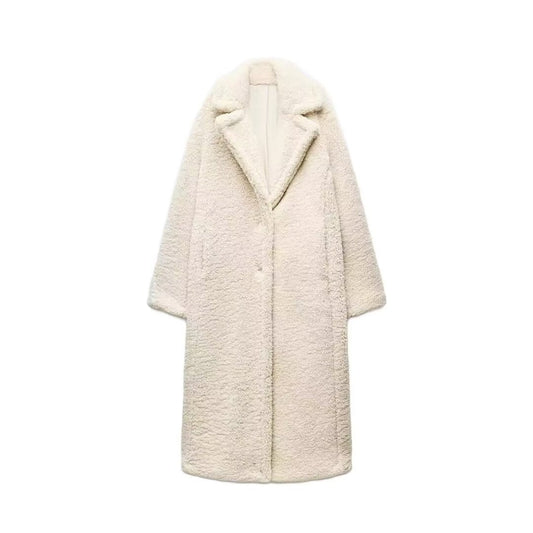 Langer Damen-Teddymantel mit Reverskragen, Knopfleiste und Eingrifftaschen in Wollweiß