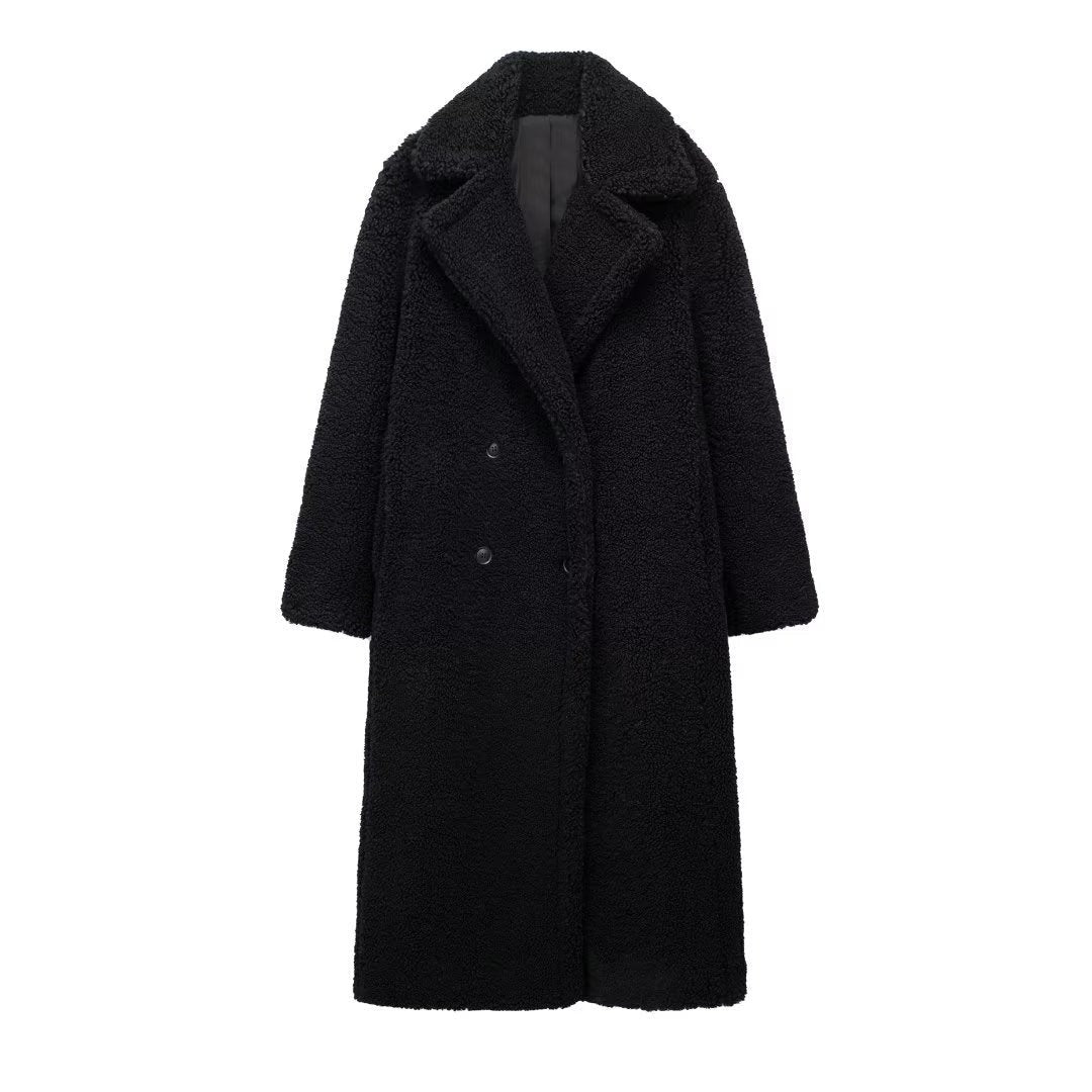 Langer Damen-Teddymantel mit Reverskragen, Knopfleiste und Eingrifftaschen in Schwarz