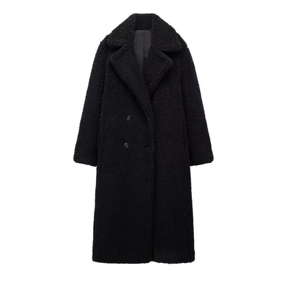 Langer Damen-Teddymantel mit Reverskragen, Knopfleiste und Eingrifftaschen in Schwarz