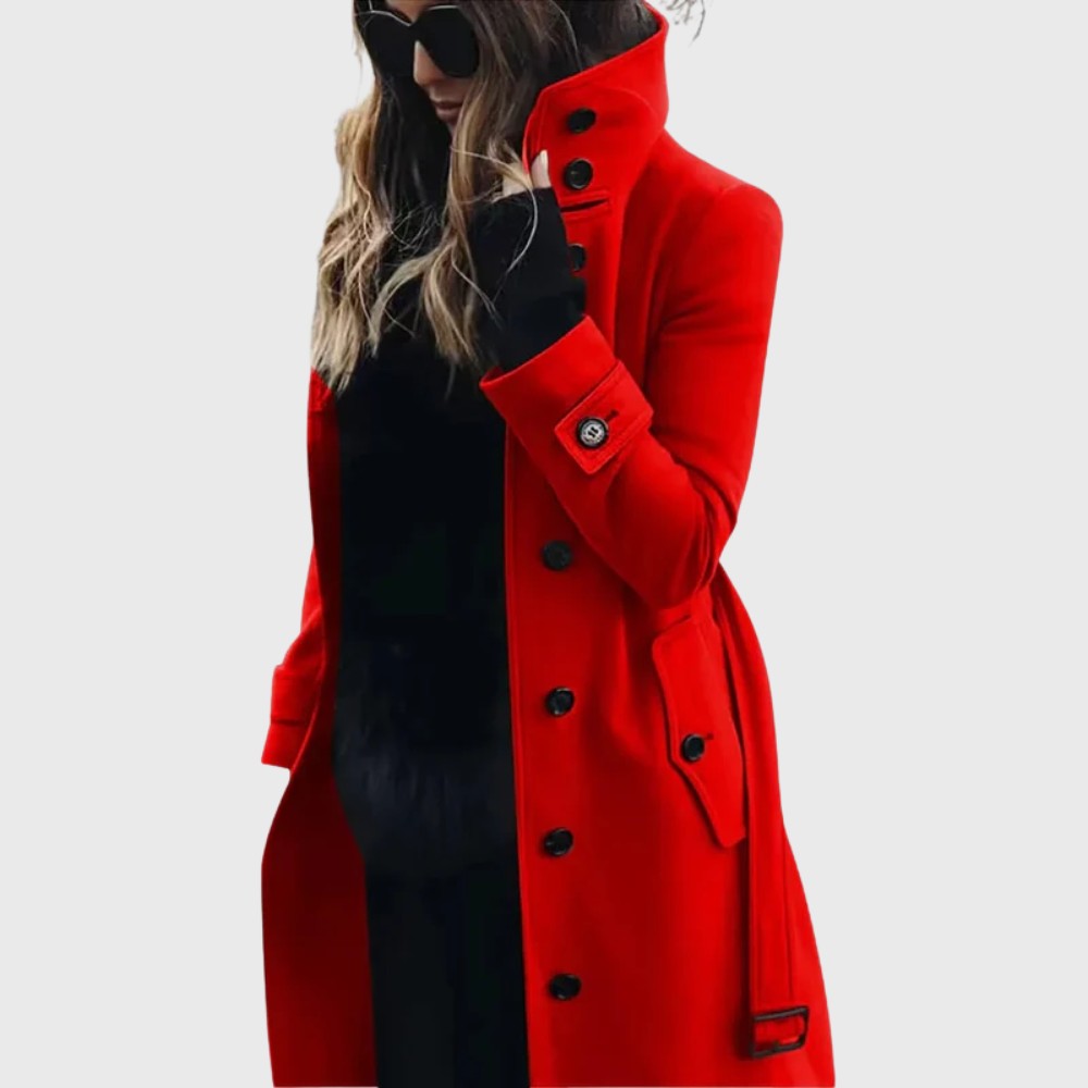 Langer Damen-Trenchcoat mit hohem Stehkragen, Knopfleiste, Ärmelriegeln und Gürtel in Rot