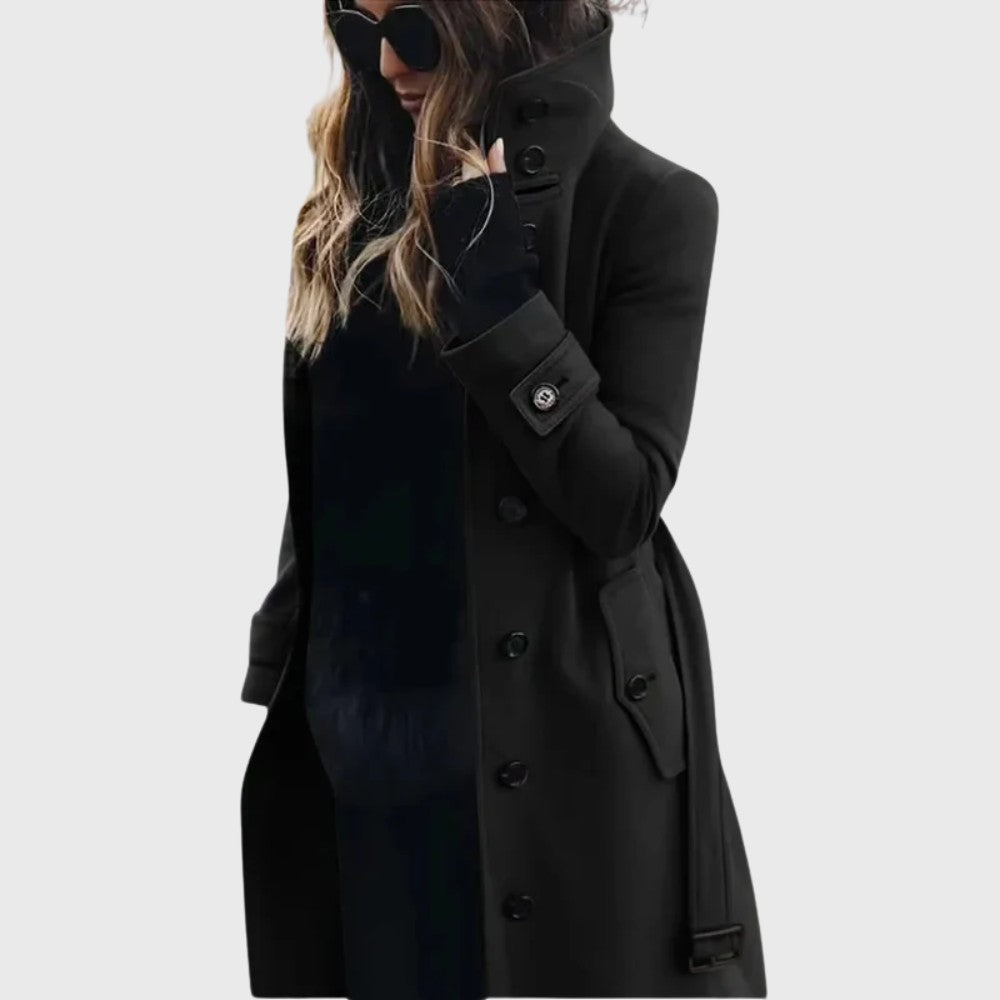 Langer Damen-Trenchcoat mit hohem Stehkragen, Knopfleiste, Ärmelriegeln und Gürtel in Schwarz