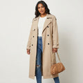 Langer Damen-Trenchcoat mit Reverskragen, Knopfleiste und Ärmelriegeln