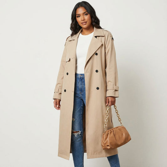 Langer Damen-Trenchcoat mit Reverskragen, Knopfleiste und Ärmelriegeln in Beige