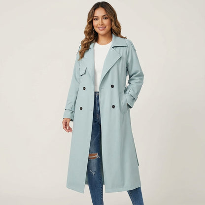 Langer Damen-Trenchcoat mit Reverskragen, Knopfleiste und Ärmelriegeln in Blau