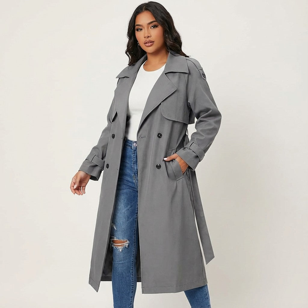 Langer Damen-Trenchcoat mit Reverskragen, Knopfleiste und Ärmelriegeln in Grau