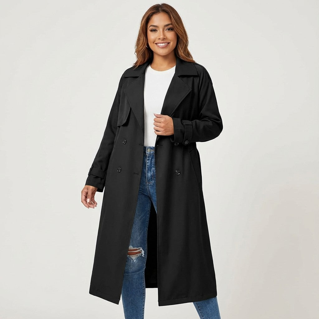 Langer Damen-Trenchcoat mit Reverskragen, Knopfleiste und Ärmelriegeln in Schwarz