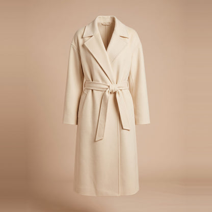 Langer Damen-Wickelmantel aus Wollmischung in Creme, Vorderansicht