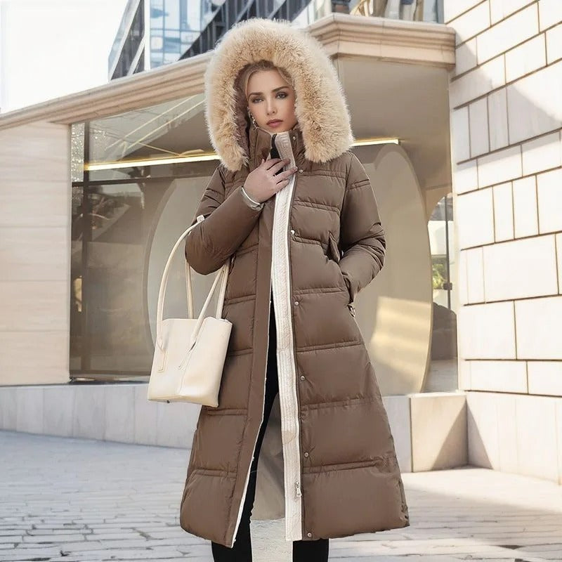 Langer Damen-Winterparka mit Fellkapuze, Bindegürtel und wasserabweisender Oberfläche, Ansicht 9
