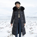 Langer Damen-Winterparka mit Fellkapuze, Bindegürtel und wasserabweisender Oberfläche
