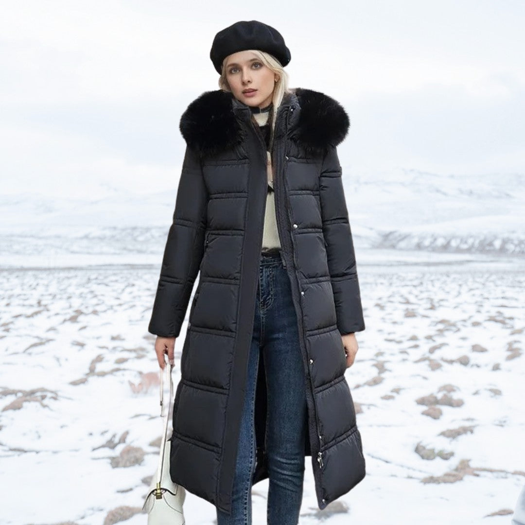 Langer Damen-Winterparka mit Fellkapuze, Bindegürtel und wasserabweisender Oberfläche in Schwarz